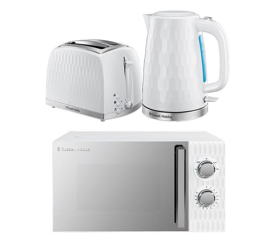 RUSSELL HOBBS Honeycomb Solo Microwave, Jug Kettle & 2-Slice Toaster Bundle - White