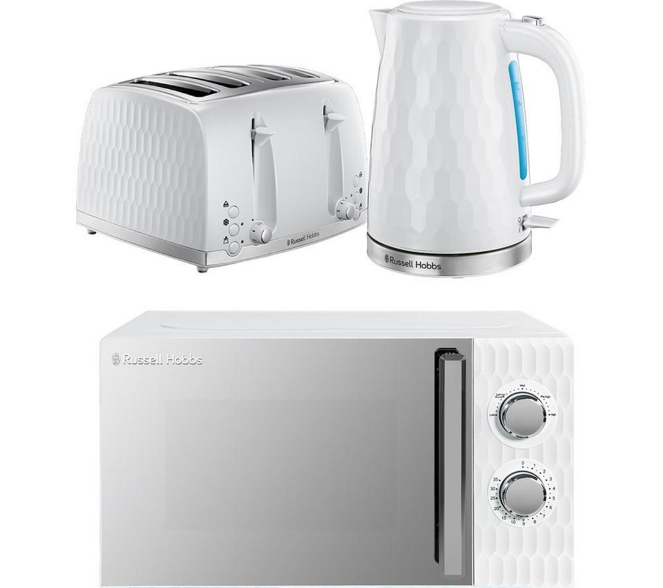 RUSSELL HOBBS Honeycomb Solo Microwave, Jug Kettle & 4-slice Toaster Bundle - White