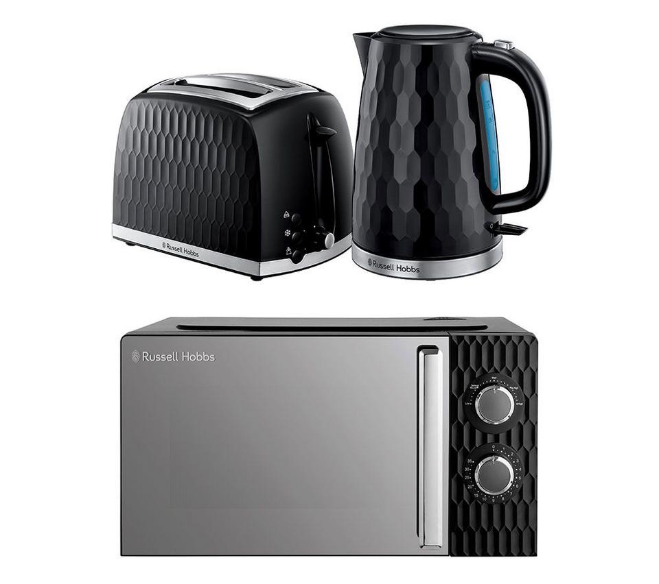 RUSSELL HOBBS Honeycomb Solo Microwave, Jug Kettle & 2-slice Toaster Bundle - Black