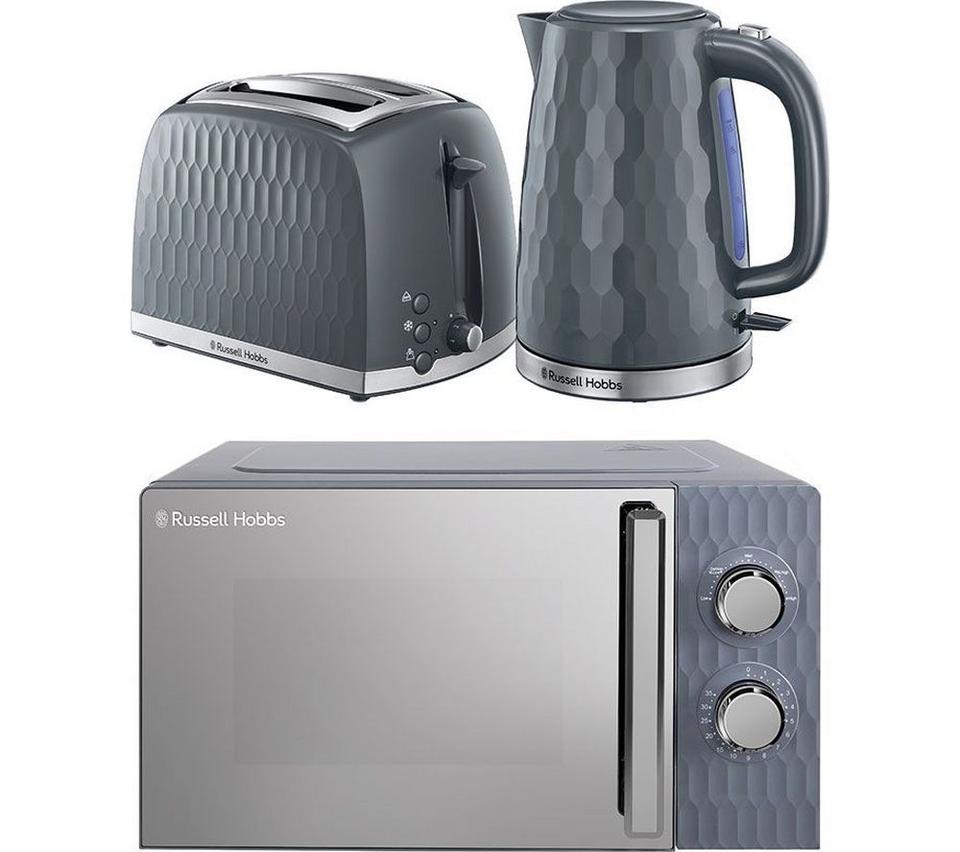 RUSSELL HOBBS Honeycomb Solo Microwave, Jug Kettle & 2-Slice Toaster Bundle - Grey