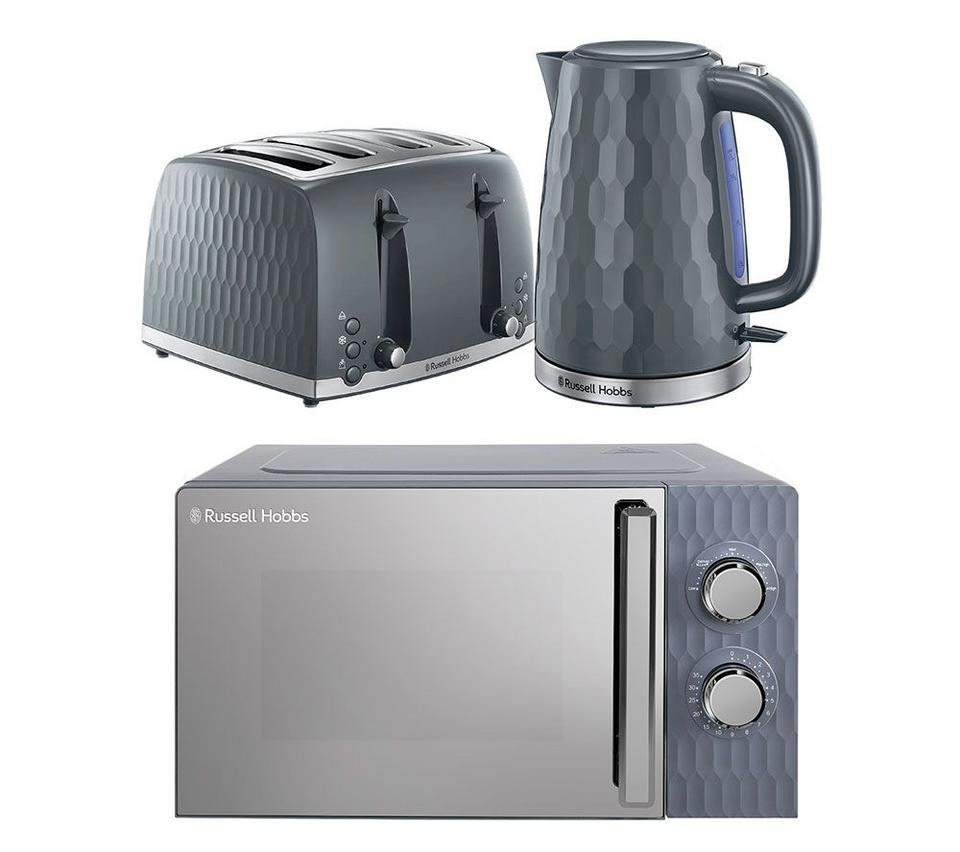 RUSSELL HOBBS Honeycomb Solo Microwave, Jug Kettle & 4-Slice Toaster Bundle - Grey