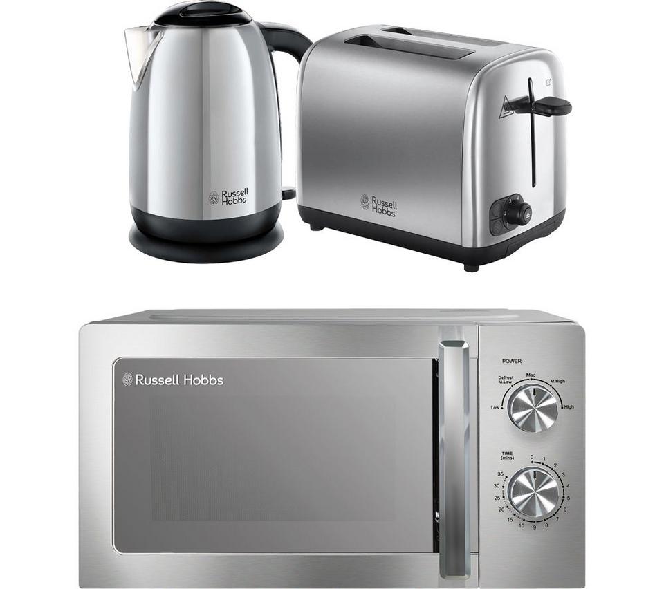 RUSSELL HOBBS Classics Solo Microwave, Jug Kettle & 2-Slice Toaster Bundle - Polished Stainless Steel