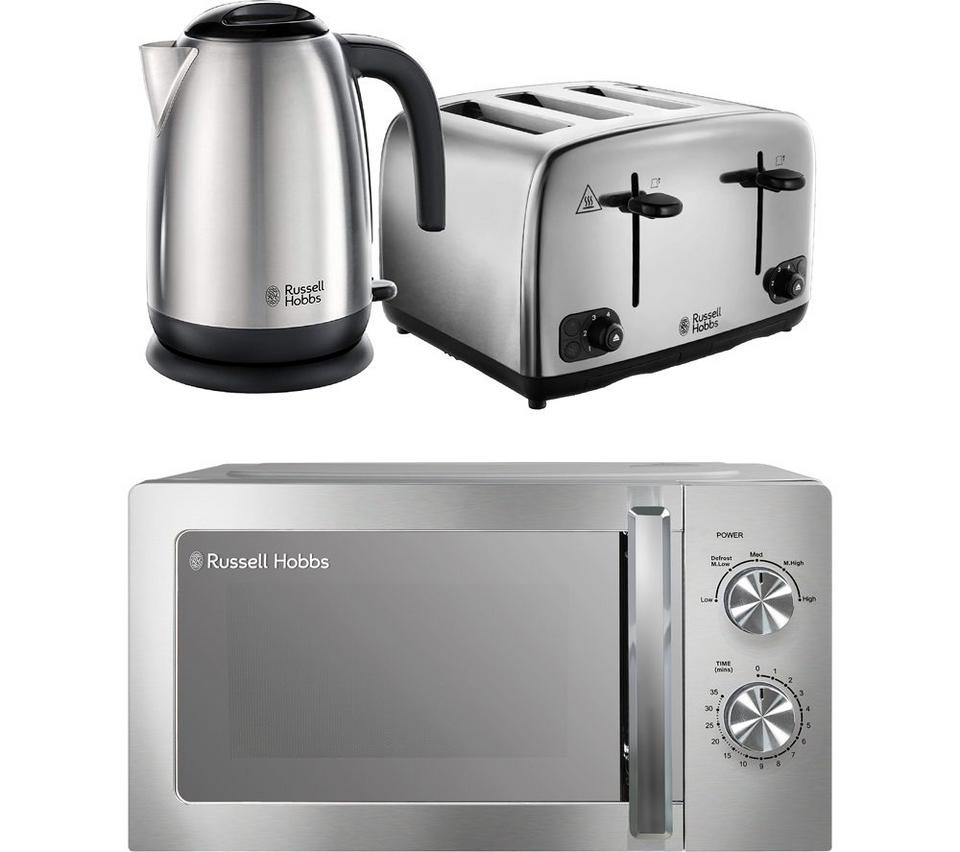RUSSELL HOBBS Solo Microwave, Jug Kettle & 4-Slice Toaster Bundle - Silver Polished