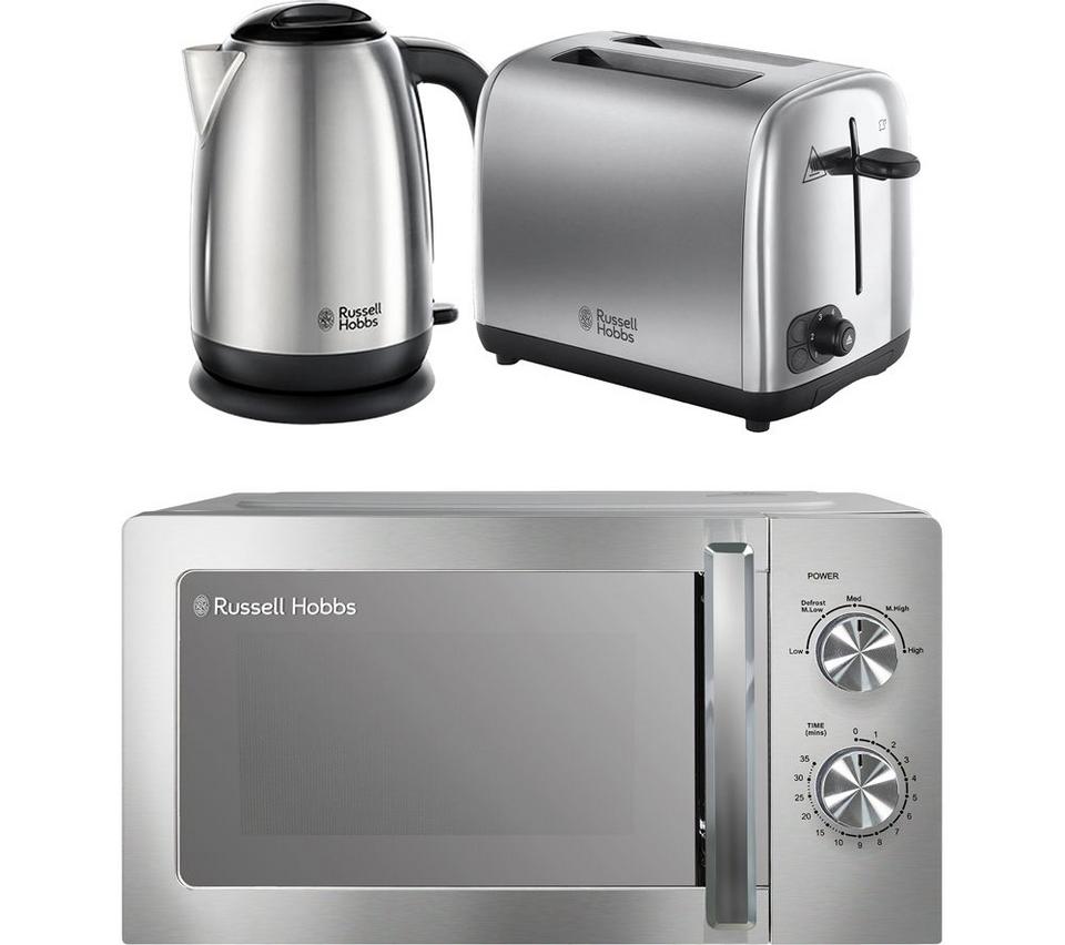 RUSSELL HOBBS Classics Solo Microwave, Jug Kettle & 2-Slice Toaster Bundle - Brushed Stainless Steel