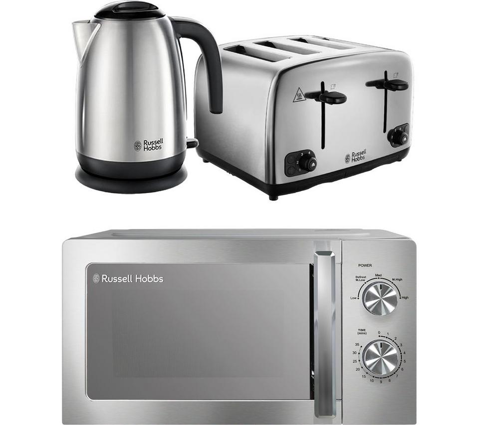 RUSSELL HOBBS Solo Microwave, Jug Kettle & 4-Slice Toaster Bundle - Silver Brushed