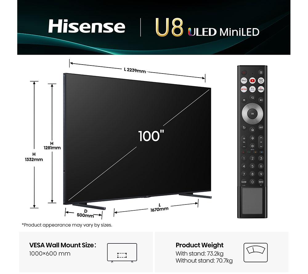 HISENSE U8Q 100" Mini LED 4K 165Hz Smart AI TV with Freely - 100U8QTUK image number 2 of 22