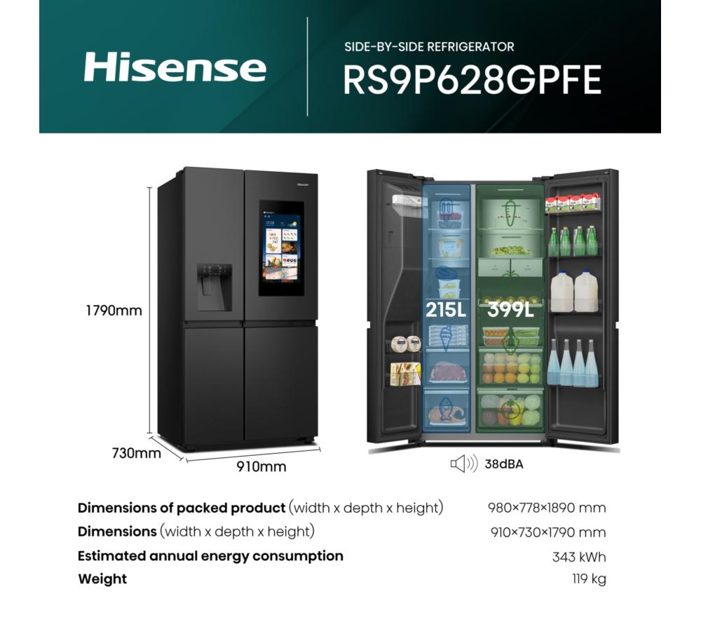 HISENSE PureFlat Smart Screen RS9P628GPFE American-Style Fridge Freezer - Black image number 16 of 17