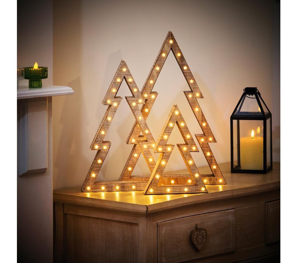PREMIER Wooden Christmas Tree Decor with LED Lights - Set of 3, Beige image number 2 of 5