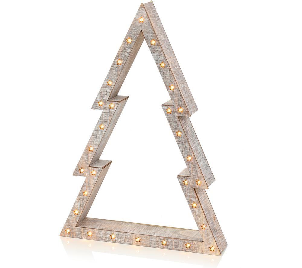 PREMIER Wooden Christmas Tree Decor with LED Lights - Set of 3, Beige image number 3 of 5
