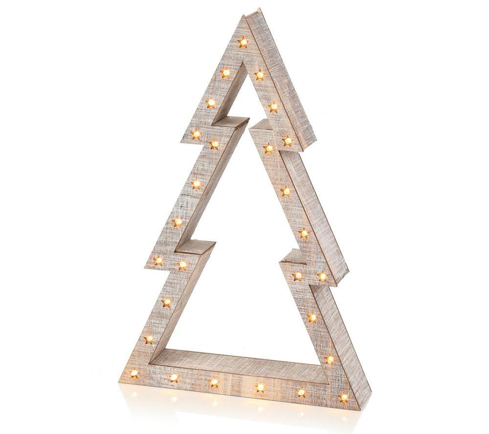 PREMIER Wooden Christmas Tree Decor with LED Lights - Set of 3, Beige image number 4 of 5