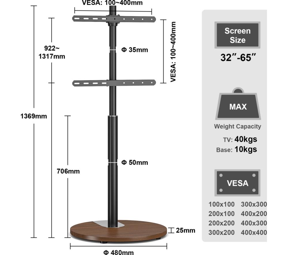 TTAP FSC-WAL 480 mm TV Stand with Bracket for up to 65" TVs - Walnut & Black image number 8 of 9