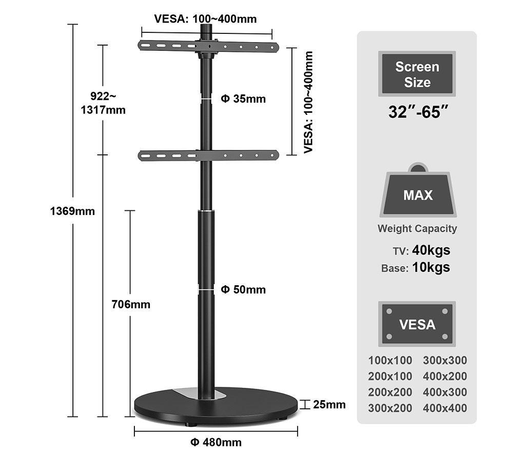 TTAP FSC-BLK 480 mm TV Stand with Bracket for up to 65" TVs - Black image number 8 of 9