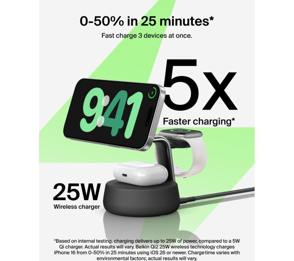 BELKIN Qi2 3-in-1 Magnetic 25 W Wireless Charging Stand - Charcoal image number 5 of 6