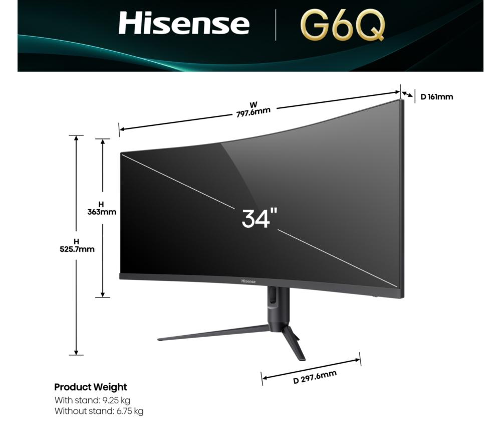 HISENSE 34G6QUK Wide Quad HD 34" Curved LED Gaming Monitor - Black image number 2 of 9