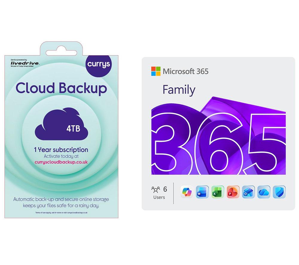 Microsoft 365 Family (12 Months (Automatic Renewal), 6 Users) & Cloud Backup (4 Tb, 1 Year) Bundle