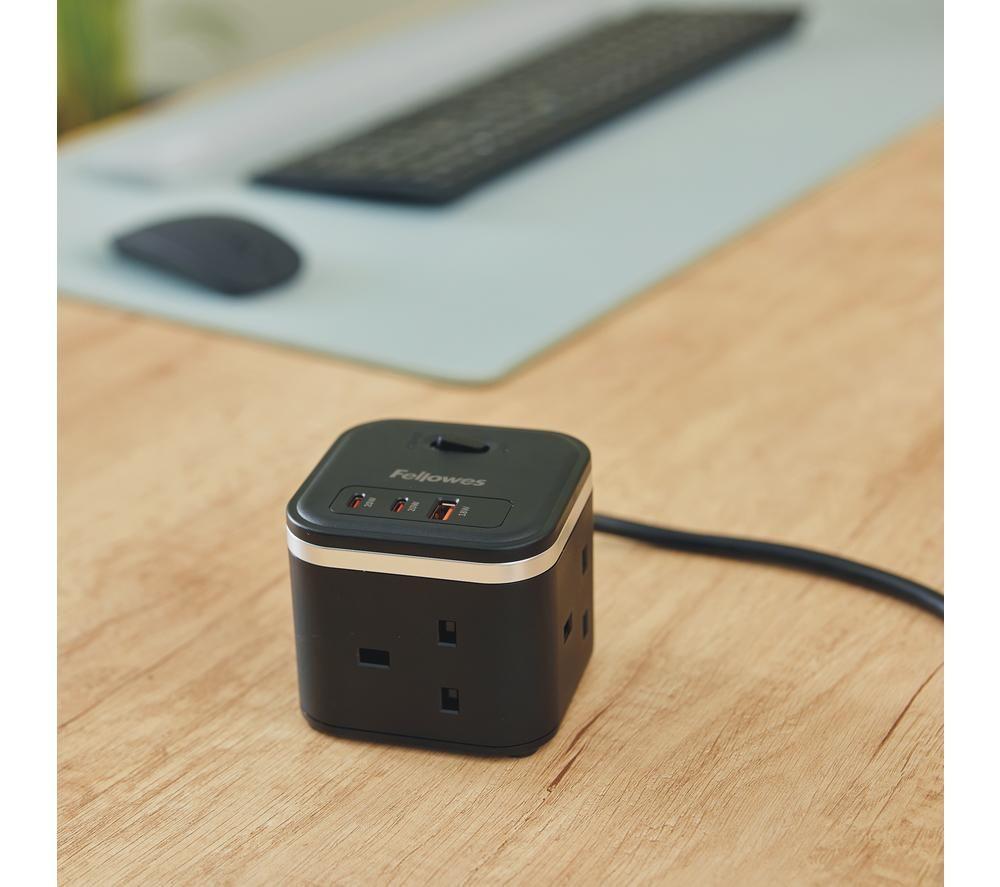 FELLOWES Power Cube Extension Lead with USB - 2 m, Black image number 3 of 8