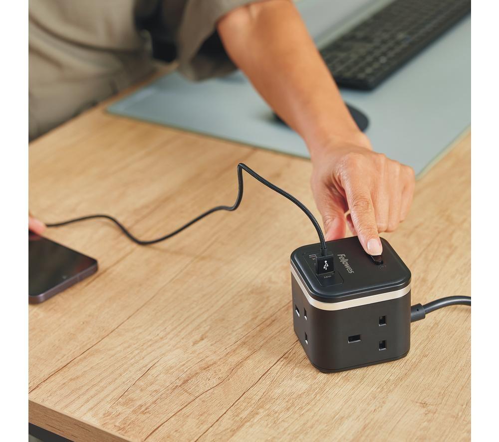 FELLOWES Power Cube Extension Lead with USB - 2 m, Black image number 5 of 8