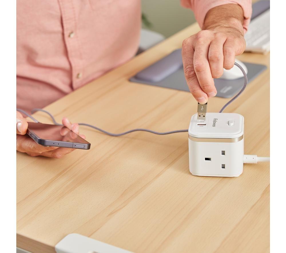 FELLOWES Power Cube Extension Lead with USB - 2 m, White image number 5 of 9