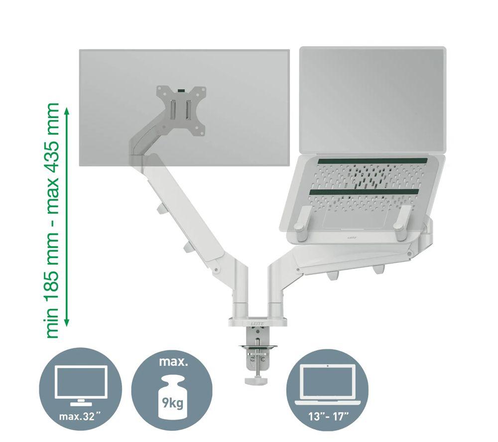 LEITZ Ergo Space Saving Dual Arm Tilt & Swivel 17-32" Monitor & 13-17" Laptop Desk Mount image number 6 of 6