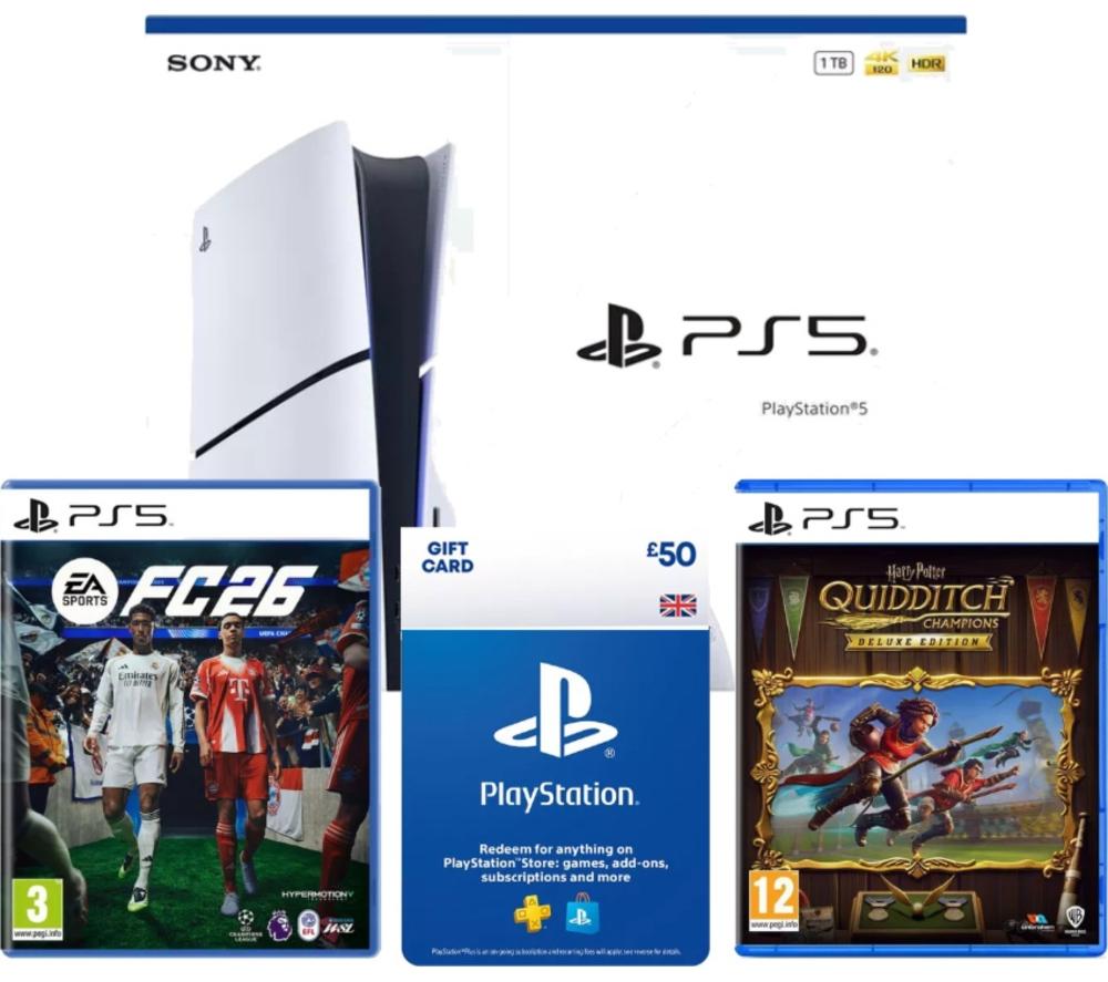 SONY PlayStation 5 with EA Sports FC 26, Harry Potter: Quidditch Champions Deluxe Edition & 50 Gift Card Bundle