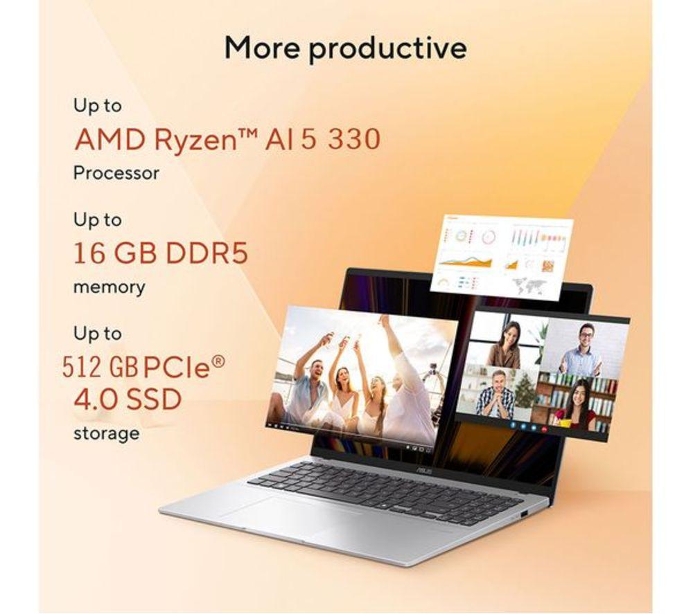 ASUS Vivobook 16 M1607KA 16" Refurbished Laptop, Copilot+ PC - AMD Ryzen AI 5, 512 GB SSD, Cool Silver (Excellent Condition) image number 12 of 21