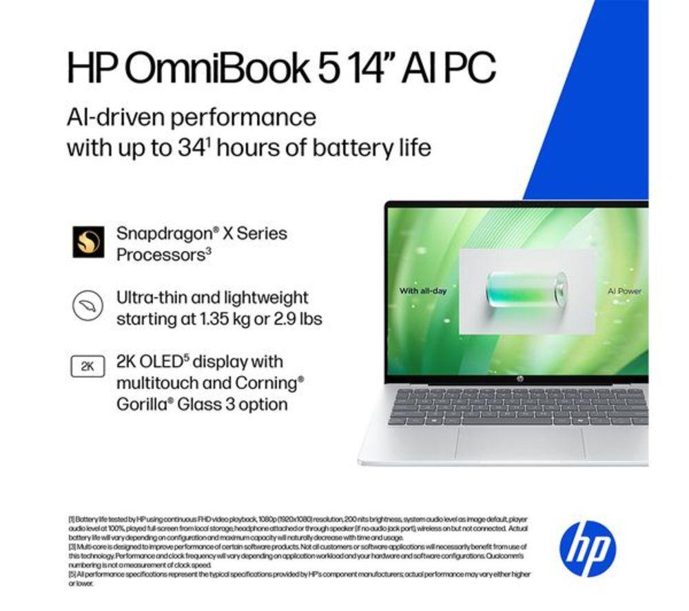 HP OmniBook 5 NGAI 14" Refurbished Laptop - Snapdragon X1, 512 GB SSD, Glacier Silver (Excellent Condition) image number 18 of 26