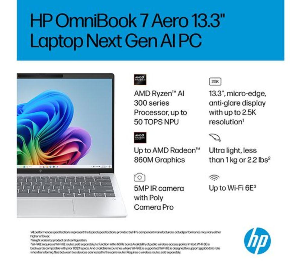 HP OmniBook 7 Aero NGAI 13.3" Refurbished Laptop - AMD Ryzen AI 5, 512 GB SSD, Glacier Silver (Excellent Condition) image number 6 of 23