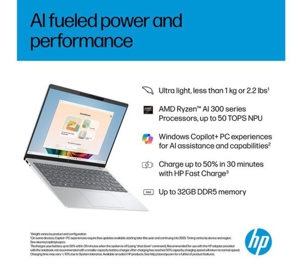 HP OmniBook 7 Aero NGAI 13.3" Refurbished Laptop - AMD Ryzen AI 5, 512 GB SSD, Glacier Silver (Excellent Condition) image number 10 of 23