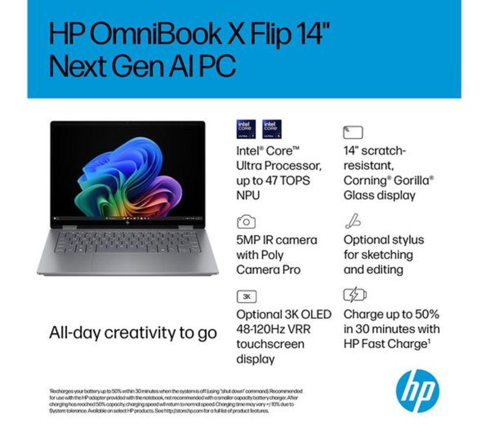 HP OmniBook X Flip 14" 2 in 1 Refurbished Laptop, Copilot+ PC - Intel&reg; Core&trade; Ultra 5, 512 GB SSD, Silver (Excellent Condition) image number 18 of 45