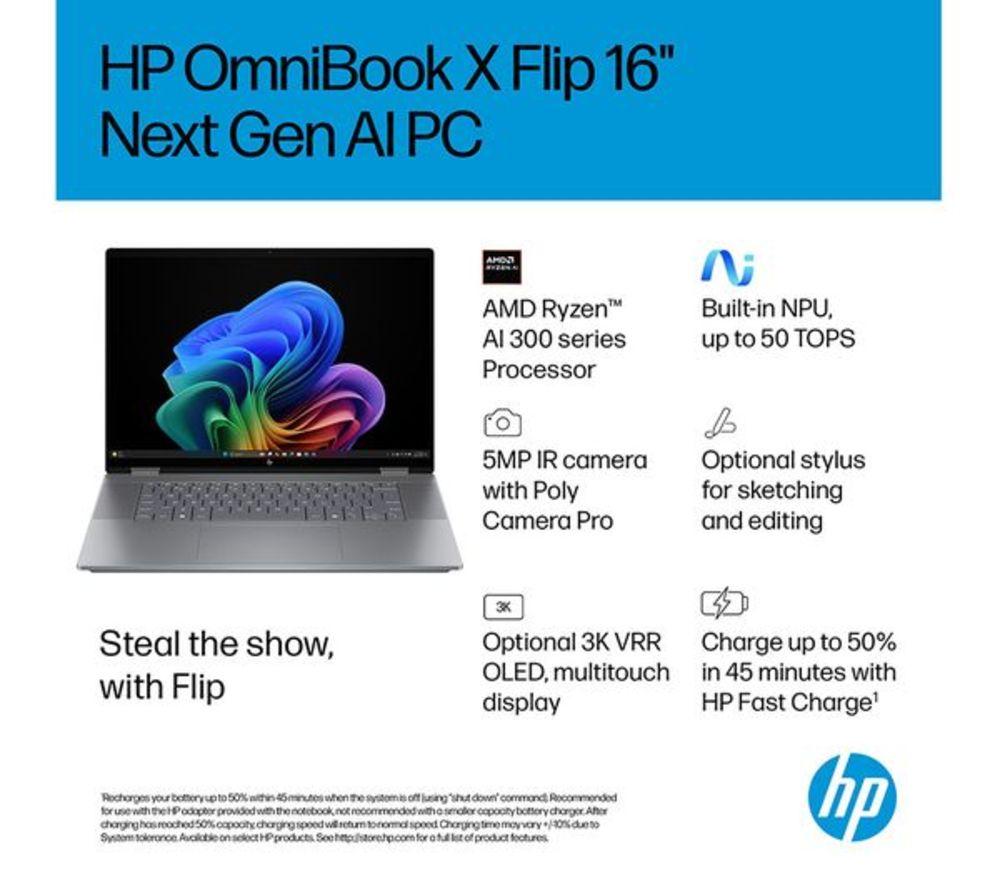 HP OmniBook X Flip NGAI 16" 2 in 1 Refurbished Laptop - AMD Ryzen AI 7, 512 GB SSD, Meteor Silver (Excellent Condition) image number 6 of 22