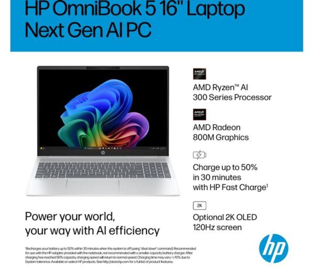HP OmniBook 5 NGAI 16" Refurbished Laptop, Copilot+ PC - AMD Ryzen AI 7, 512 GB SSD, Glacier Silver (Very Good Condition) image number 4 of 16