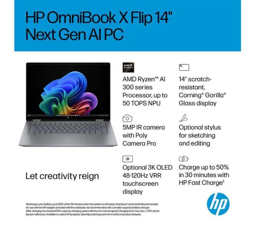 HP OmniBook X Flip NGAI 14" 2 in 1 Refurbished Laptop - AMD Ryzen AI 7, 1 TB SSD, Meteor Silver (Very Good Condition) image number 7 of 15