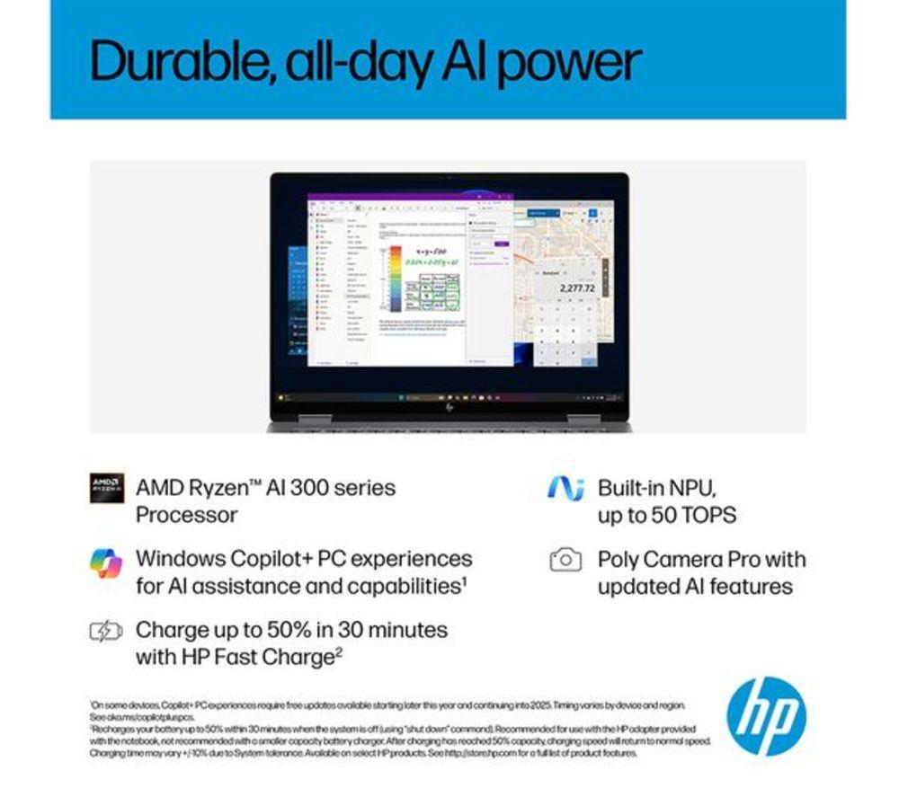 HP OmniBook X Flip NGAI 14" 2 in 1 Refurbished Laptop - AMD Ryzen AI 7, 1 TB SSD, Meteor Silver (Very Good Condition) image number 8 of 15