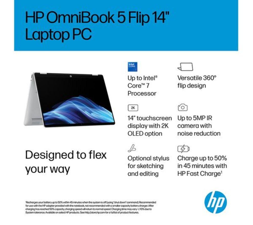 HP OmniBook 5 Flip 14" 2 in 1 Refurbished Laptop - Intel&reg; Core&trade; i3, 512 GB SSD, Silver (Very Good Condition) image number 8 of 24