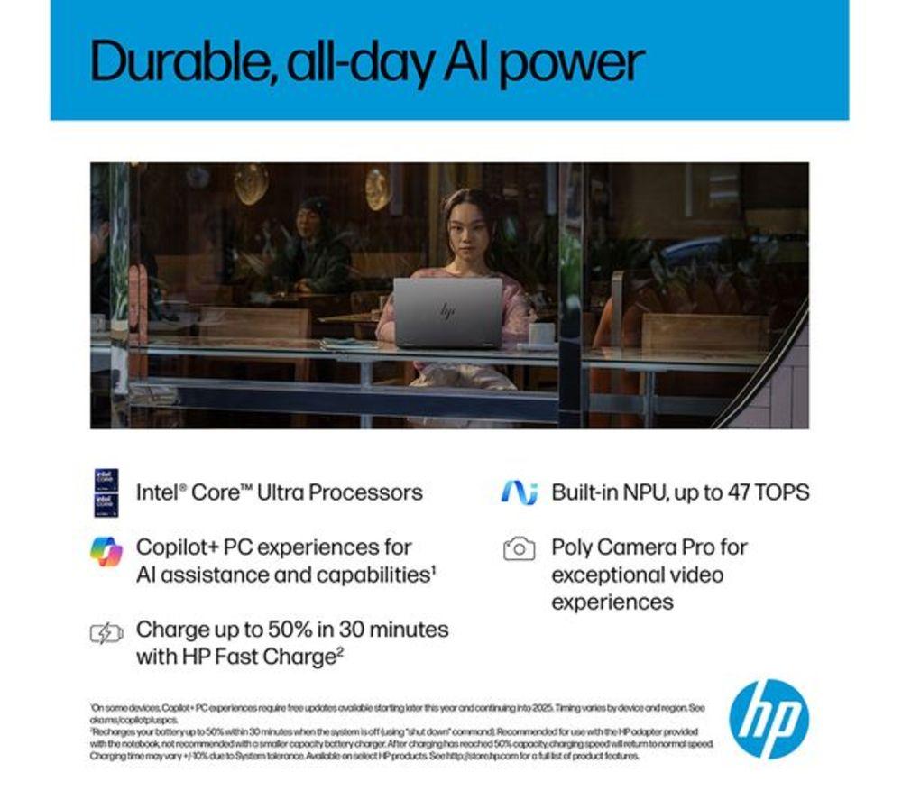 HP OmniBook X Flip 14" Refurbished 2 in 1 Laptop, Copilot+ PC - Intel&reg; Core&trade; Ultra 5, 512 GB SSD, Silver (Very Good Condition) image number 39 of 45