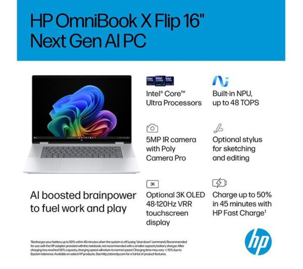 HP OmniBook X Flip NGAI 16" Refurbished 2 in 1 Laptop - Intel&reg; Core&trade; Ultra 5, 512 GB SSD, Glacier Silver (Very Good Condition) image number 6 of 7