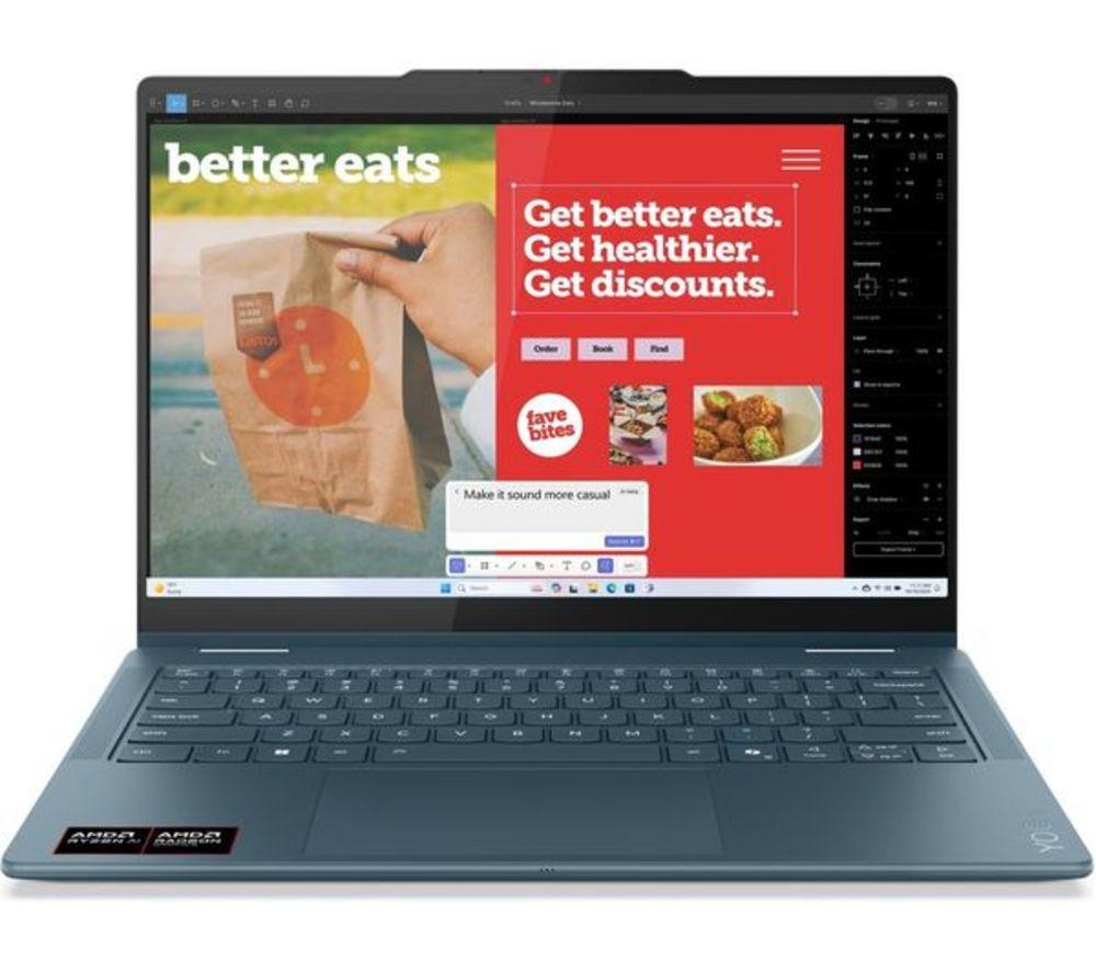 LENOVO Yoga 7 14" 2 in 1 Refurbished Laptop, CoPilot+ PC - AMD Ryzen AI 7, 1 TB SSD, Tidal Teal (Very Good Condition) image number 2 of 13
