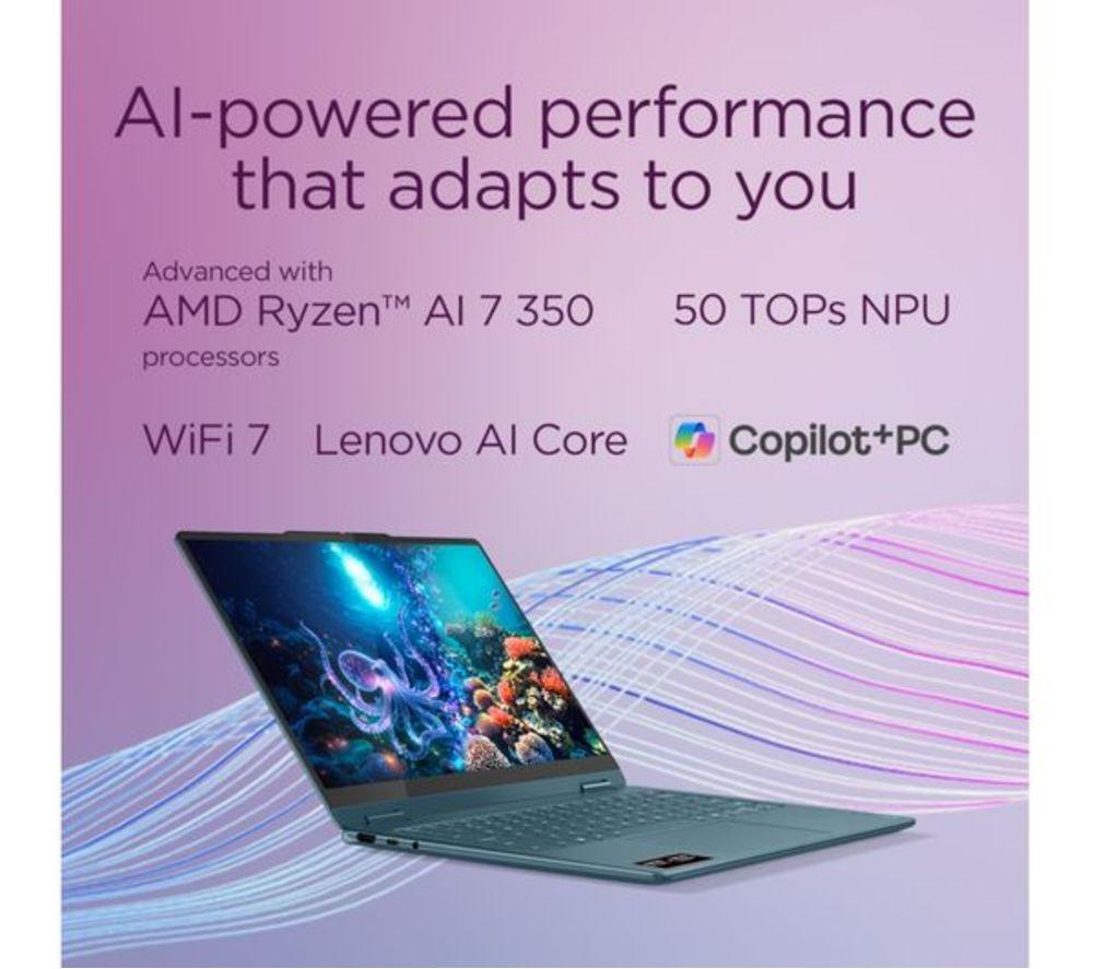 LENOVO Yoga 7 14" 2 in 1 Refurbished Laptop, CoPilot+ PC - AMD Ryzen AI 7, 1 TB SSD, Tidal Teal (Very Good Condition) image number 5 of 13
