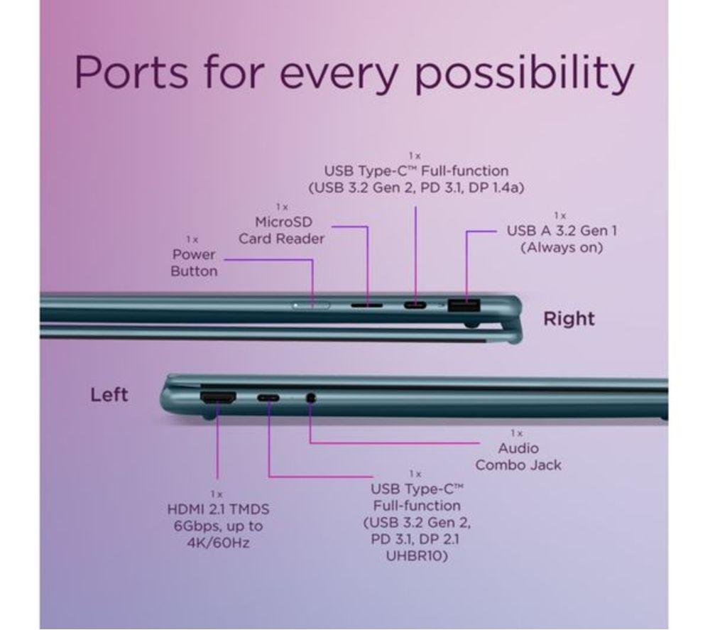 LENOVO Yoga 7 14" 2 in 1 Refurbished Laptop, CoPilot+ PC - AMD Ryzen AI 7, 1 TB SSD, Tidal Teal (Very Good Condition) image number 12 of 13