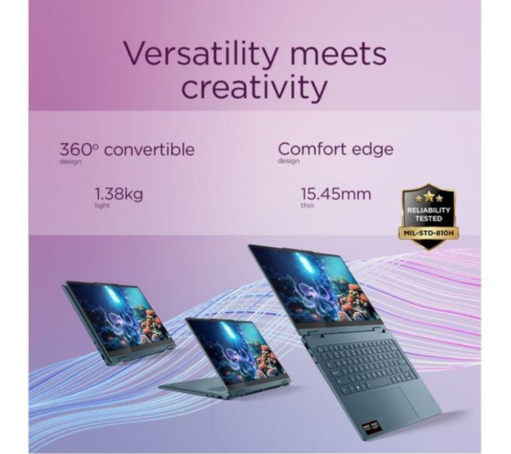 LENOVO Yoga 7 14" 2 in 1 Refurbished Laptop, CoPilot+ PC - AMD Ryzen AI 7, 1 TB SSD, Tidal Teal (Very Good Condition) image number 13 of 13