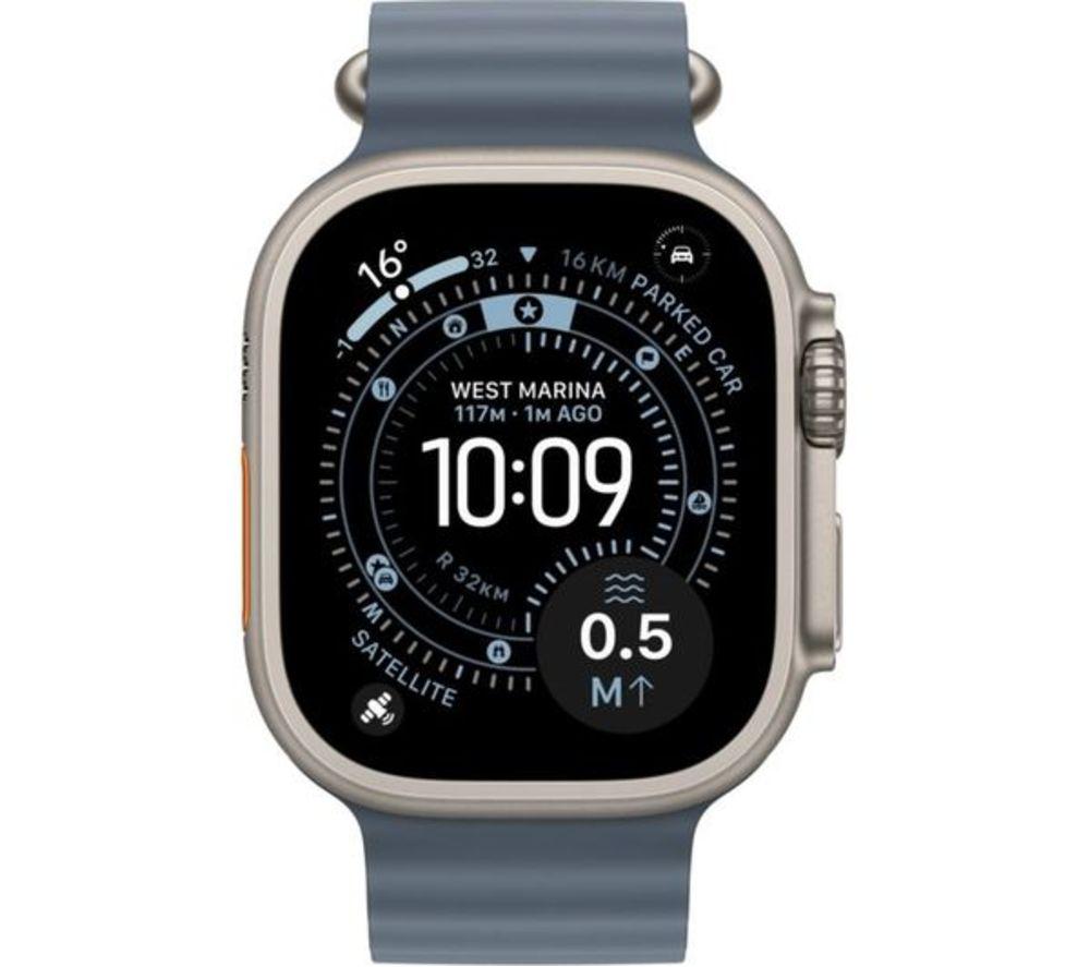 APPLE Refurbished Watch Ultra 3 Cellular - 49 mm Natural Titanium Case with Anchor Blue Ocean Band, Large (Excellent Condition) image number 8 of 8