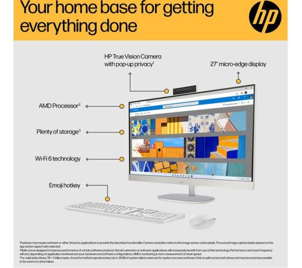 HP 27-cr0051na 27" Refurbished All-in-One PC - AMD Ryzen 7, 1 TB SSD, White (Very Good Condition) image number 9 of 24