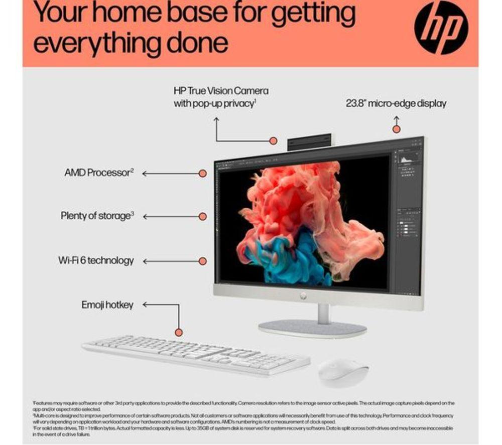 HP 24-cr0065na 23.8" Refurbished All-in-One PC - AMD Ryzen 7, 1 TB SSD, White (Very Good Condition) image number 3 of 22