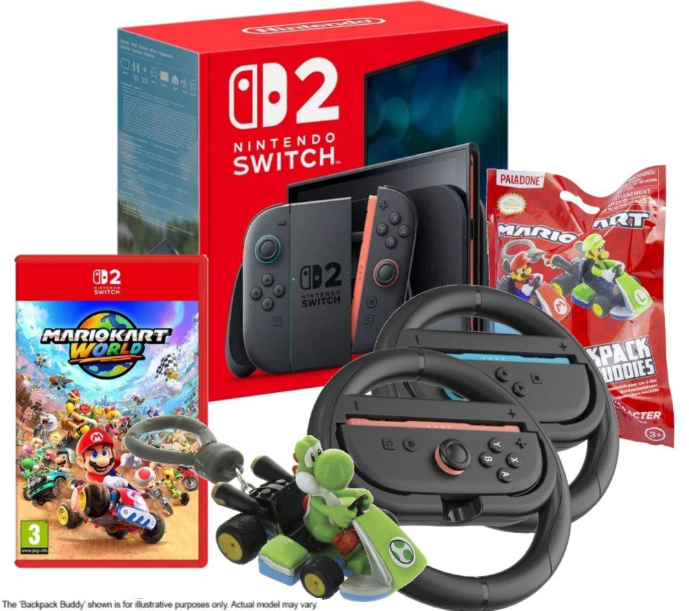 NINTENDO Switch 2, Mario Kart Backpack Buddies, Joy-Con Racing Wheels and Mario Kart World Bundle
