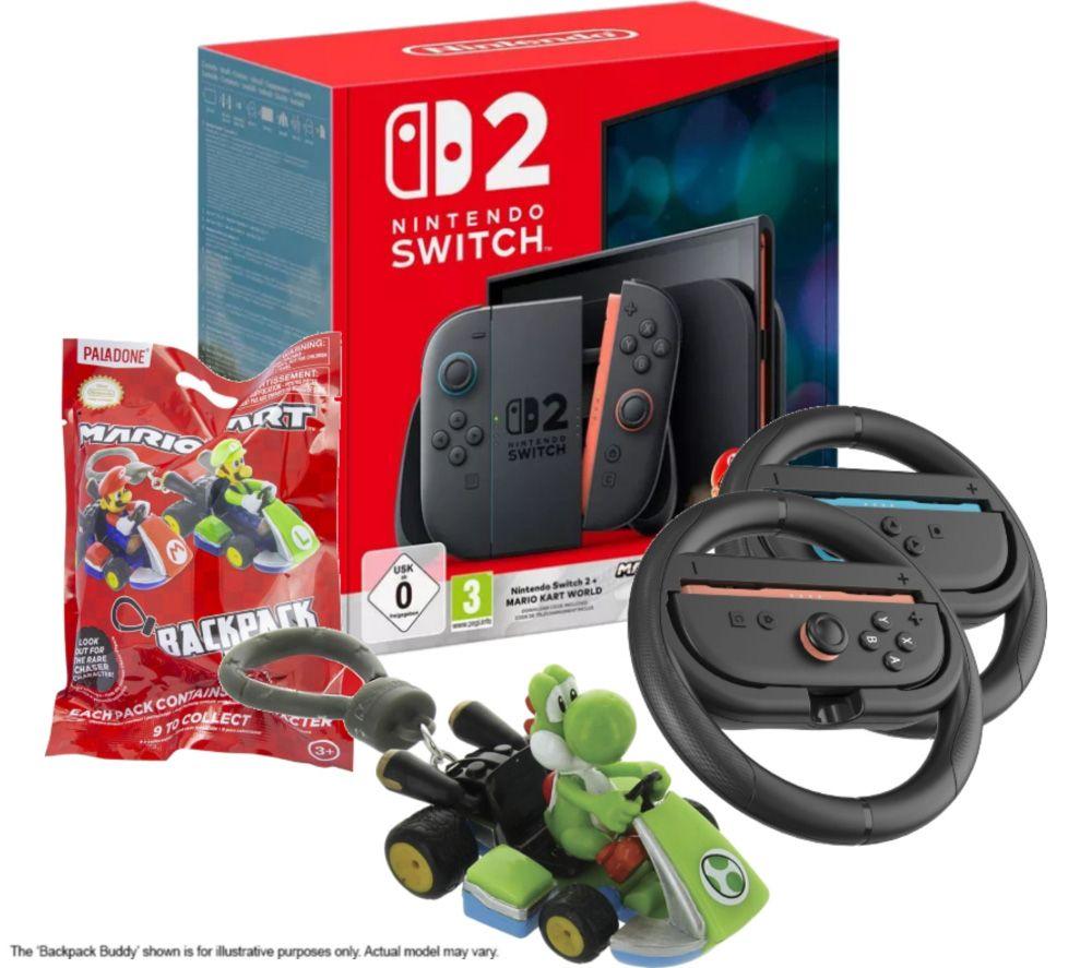 NINTENDO Switch 2 & Mario Kart World, Backpack Buddies and Joy-Con Racing Wheels Bundle