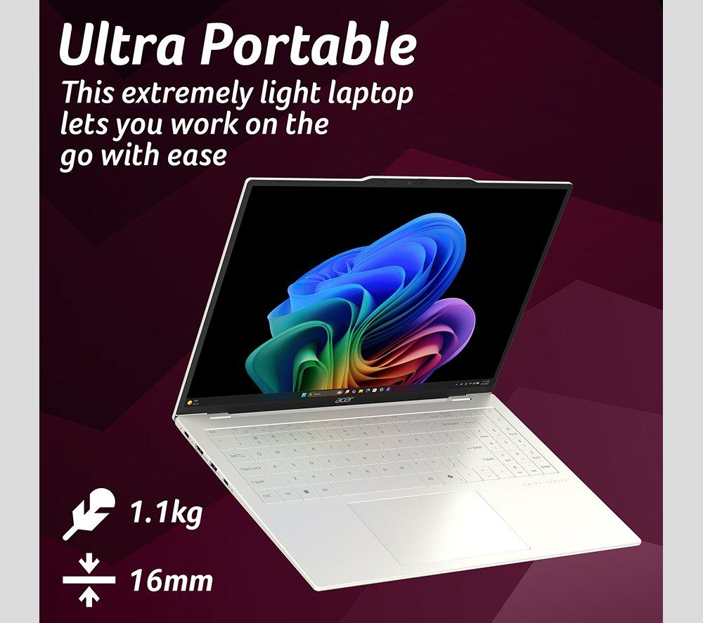 ACER Swift Air 16 OLED 16" Laptop, Copilot+ PC - AMD Ryzen AI 5, 1 TB SSD, Silver image number 2 of 7