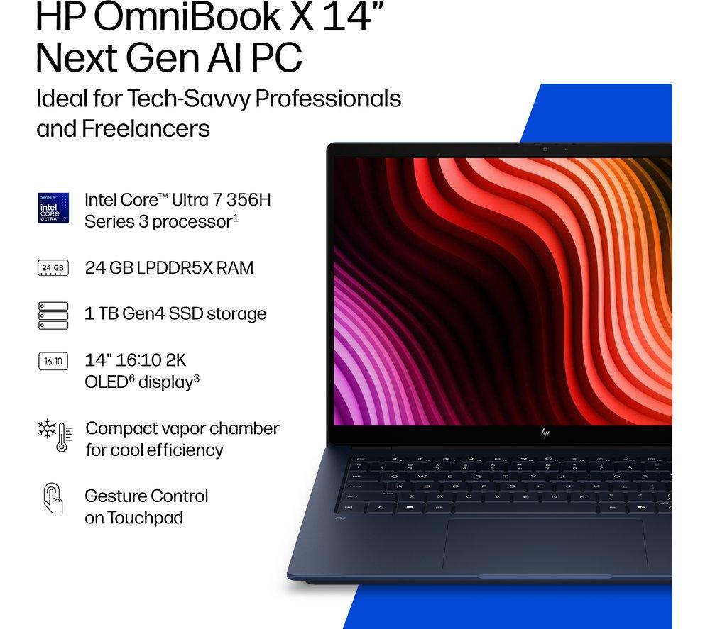 HP OmniBook X NGAI 14" Laptop, Copilot + PC - Intel&reg; Core&trade; Ultra 7, 1 TB SSD, Atmospheric Blue image number 5 of 28