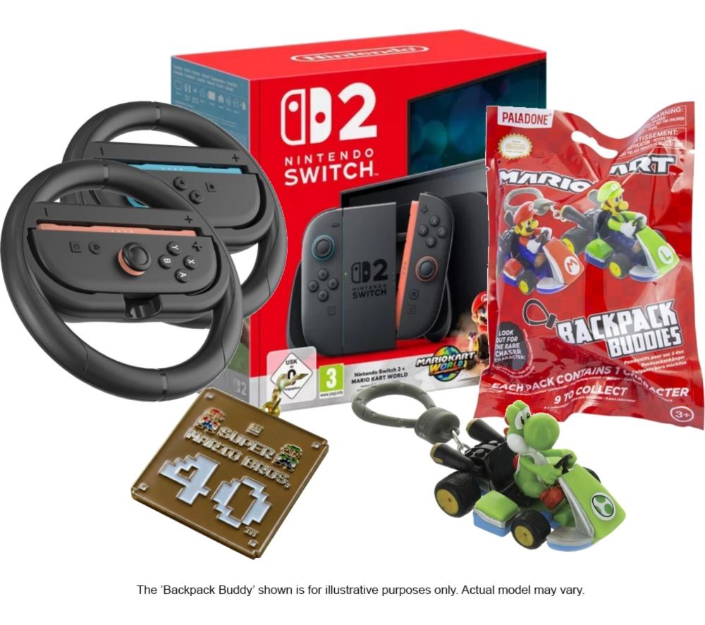 NINTENDO Switch 2 & Mario Kart, Super Mario Bros Keychain, Mario Kart Backpack Buddies and Nintendo Switch 2 Joy-Con Racing Wheels Bundle