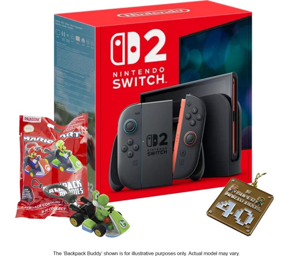NINTENDO Switch 2, Super Mario Bros 40th Anniversary Keychain and Mario Kart Backpack Buddies Bundle