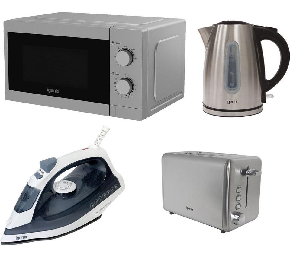 IGENIX IGPK49 Solo Microwave, Jug Kettle, 2-Slice Toaster & Iron Bundle - Silver